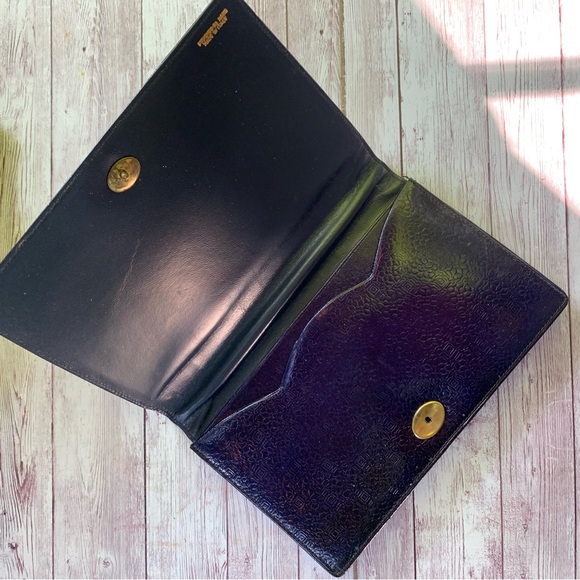 Vintage Florentine Embossed Leather Small Fold Clutch Purse Navy Gold Italian